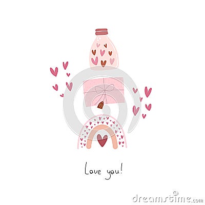 Love you. Cartoon glass jar, letter, rainbow, hand drawing lettering. Colorful vector illustration. Vector Illustration